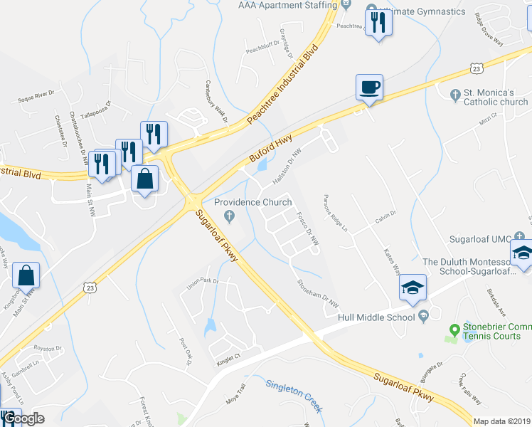 map of restaurants, bars, coffee shops, grocery stores, and more near 2120 Hailston Drive Northwest in Duluth