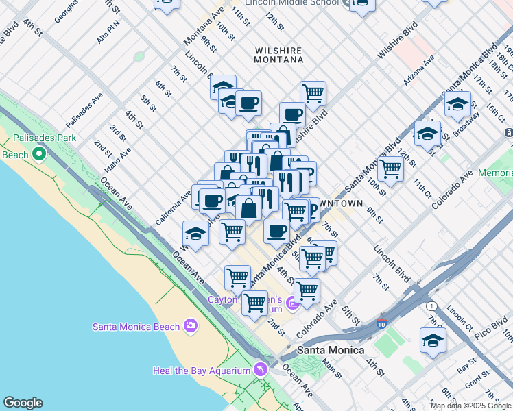 map of restaurants, bars, coffee shops, grocery stores, and more near 1233 6th Court in Santa Monica