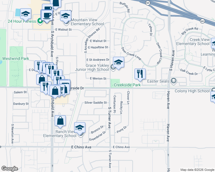 map of restaurants, bars, coffee shops, grocery stores, and more near 2951 South Plainfield Drive in Ontario