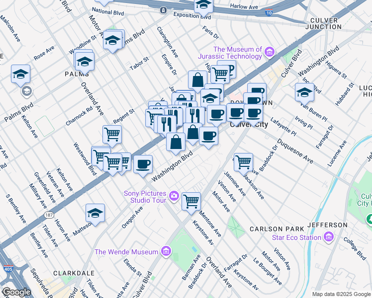 map of restaurants, bars, coffee shops, grocery stores, and more near 3859 Goldwyn Terrace in Culver City