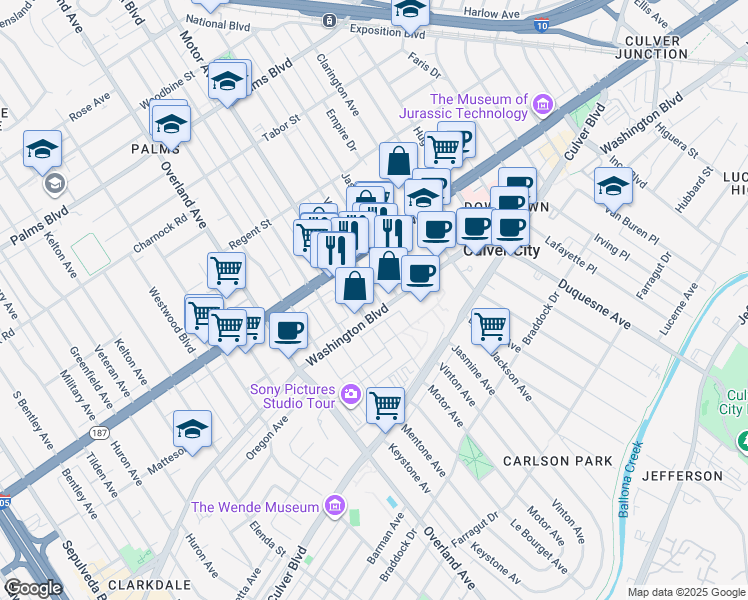 map of restaurants, bars, coffee shops, grocery stores, and more near 3859 Goldwyn Terrace in Culver City
