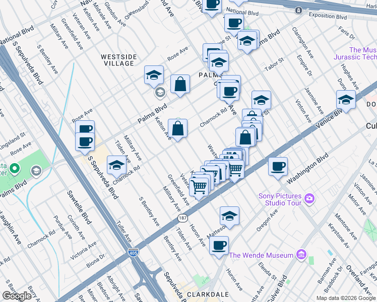 map of restaurants, bars, coffee shops, grocery stores, and more near 3624 Midvale Avenue in Los Angeles
