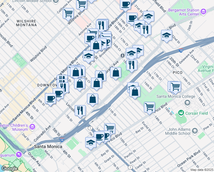map of restaurants, bars, coffee shops, grocery stores, and more near 1645 Euclid Street in Santa Monica