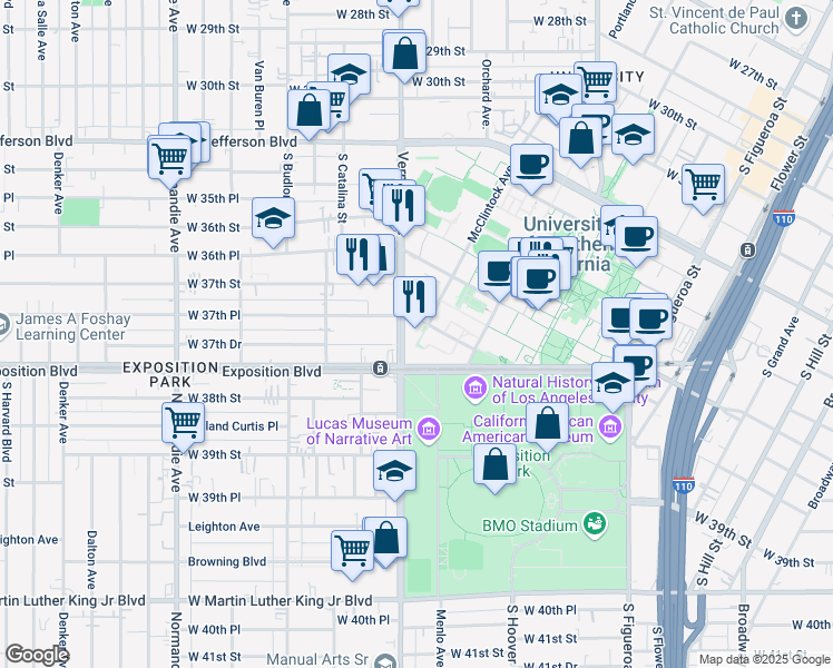map of restaurants, bars, coffee shops, grocery stores, and more near 3371 McClintock Avenue in Los Angeles