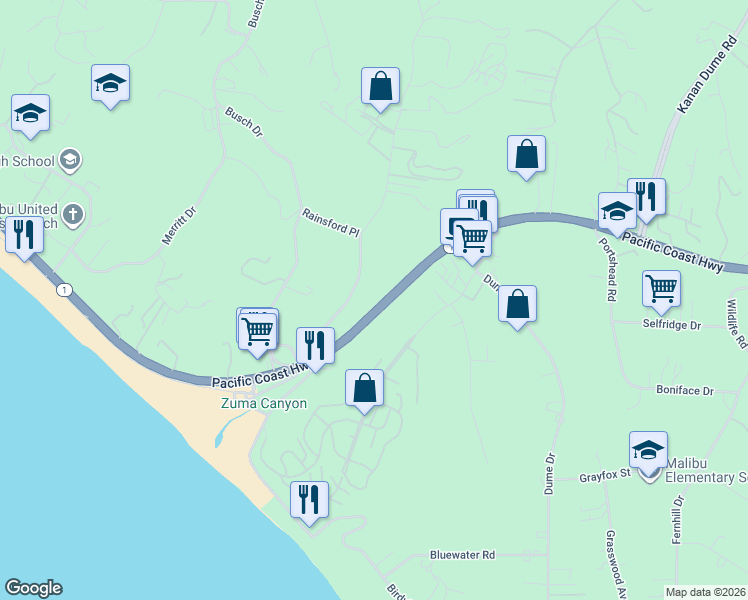 map of restaurants, bars, coffee shops, grocery stores, and more near 29349 Pacific Coast Highway in Malibu