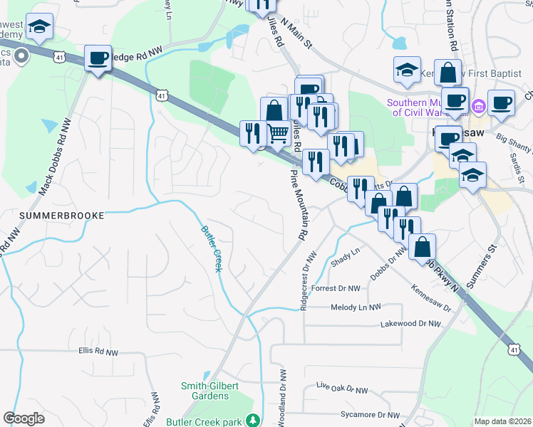 map of restaurants, bars, coffee shops, grocery stores, and more near 2649 Laurel Lane Northwest in Kennesaw