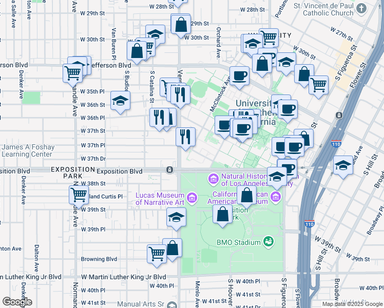 map of restaurants, bars, coffee shops, grocery stores, and more near 5211 McClintock Avenue in Los Angeles