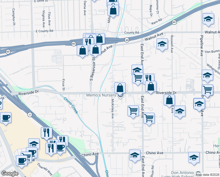 map of restaurants, bars, coffee shops, grocery stores, and more near 12880 McKinley Avenue in Chino