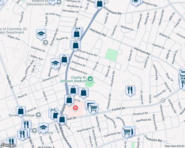 map of restaurants, bars, coffee shops, grocery stores, and more near 2716 Chestnut Street in Columbia