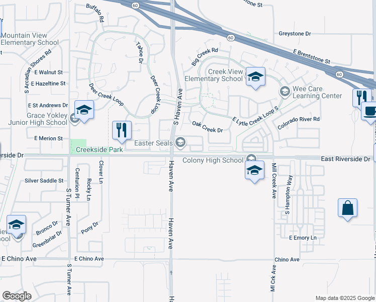map of restaurants, bars, coffee shops, grocery stores, and more near 2943 South Alder Creek Drive in Ontario