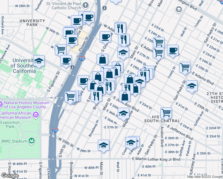 map of restaurants, bars, coffee shops, grocery stores, and more near 3201 South Main Street in Los Angeles