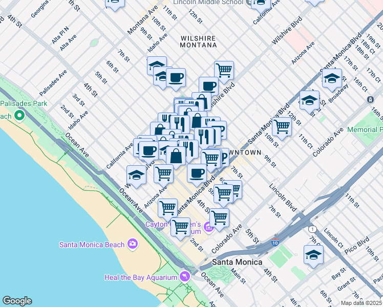 map of restaurants, bars, coffee shops, grocery stores, and more near 1233 6th Court in Santa Monica