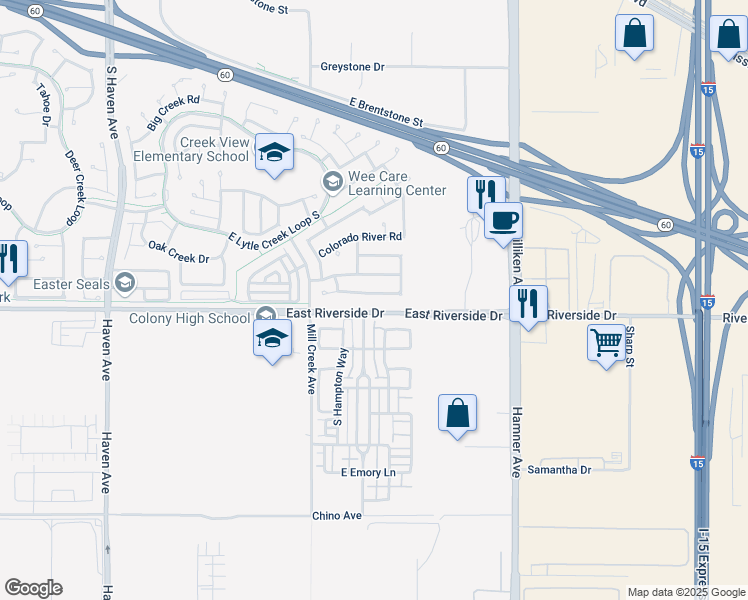 map of restaurants, bars, coffee shops, grocery stores, and more near 3950 American River Road in Ontario