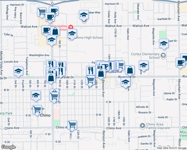 map of restaurants, bars, coffee shops, grocery stores, and more near 5640 Riverside Drive in Chino