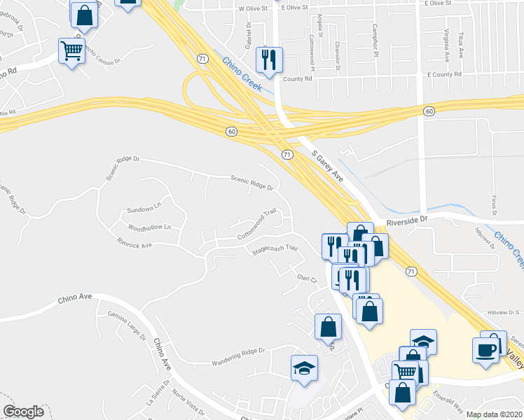 map of restaurants, bars, coffee shops, grocery stores, and more near 2545 Scenic Ridge Drive in Chino Hills