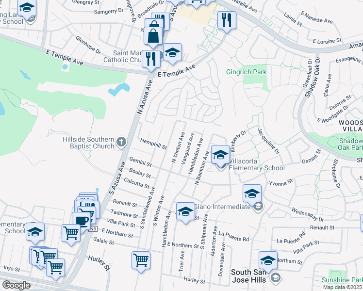 map of restaurants, bars, coffee shops, grocery stores, and more near 214 North Winton Avenue in La Puente