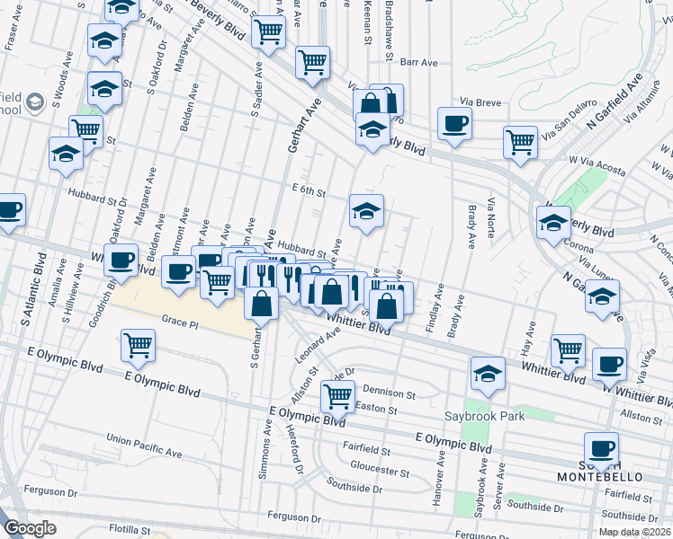 map of restaurants, bars, coffee shops, grocery stores, and more near 5911 East Hubbard Street in East Los Angeles