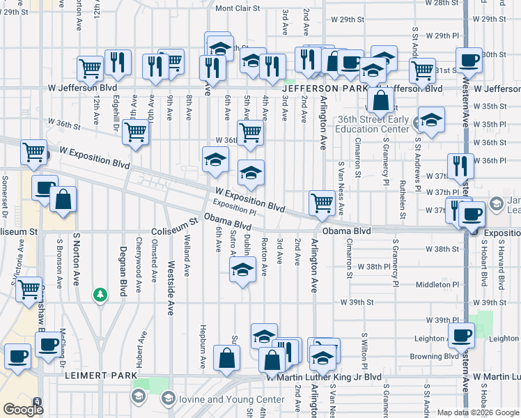 map of restaurants, bars, coffee shops, grocery stores, and more near 3709 4th Avenue in Los Angeles