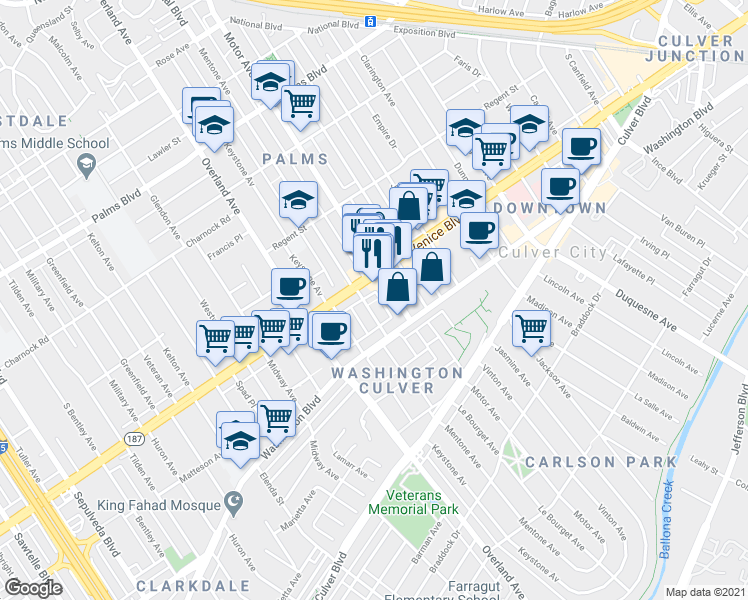 map of restaurants, bars, coffee shops, grocery stores, and more near 10410 Venice Boulevard in Culver City