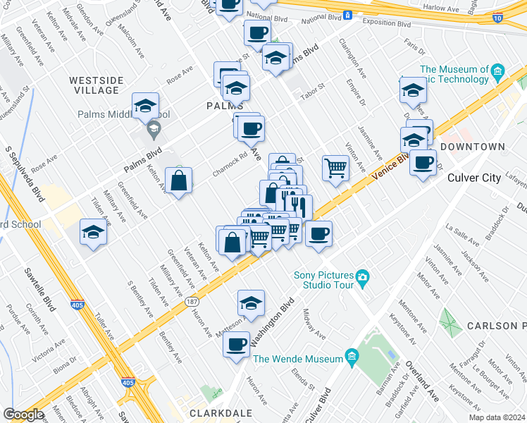 map of restaurants, bars, coffee shops, grocery stores, and more near 3670 Glendon Avenue in Los Angeles