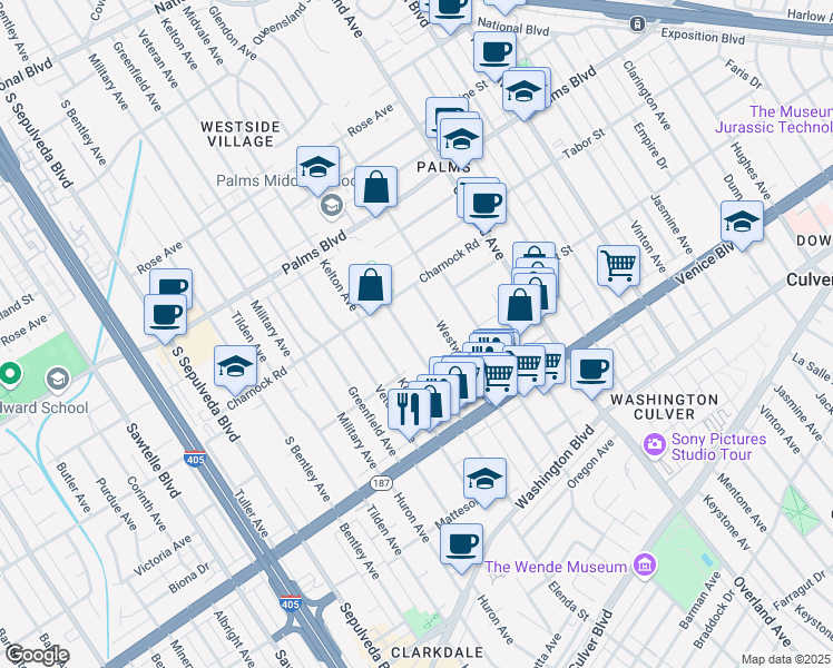 map of restaurants, bars, coffee shops, grocery stores, and more near 3624 Midvale Avenue in Los Angeles