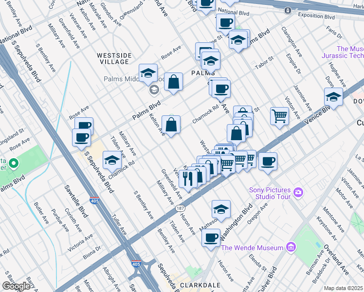 map of restaurants, bars, coffee shops, grocery stores, and more near 3624 Midvale Avenue in Los Angeles