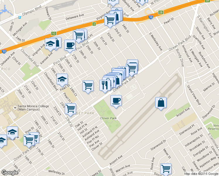 map of restaurants, bars, coffee shops, grocery stores, and more near 2615 28th Street in Santa Monica