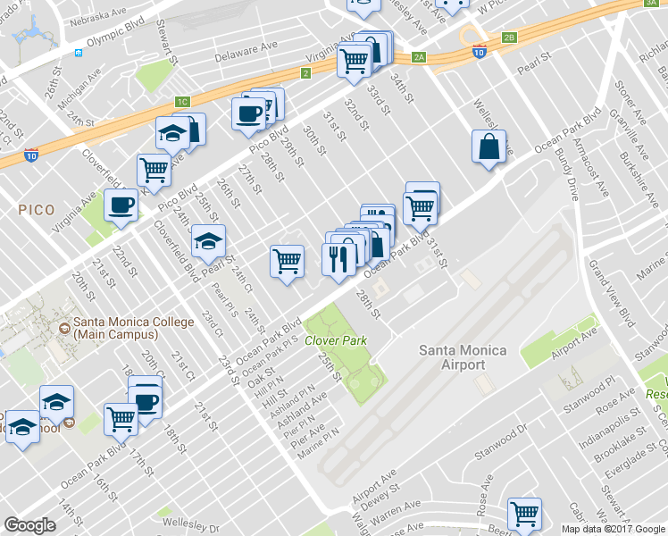 map of restaurants, bars, coffee shops, grocery stores, and more near 2615 28th Street in Santa Monica