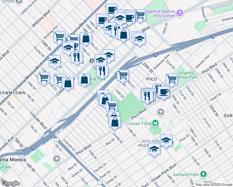 map of restaurants, bars, coffee shops, grocery stores, and more near 1529 Michigan Avenue in Santa Monica
