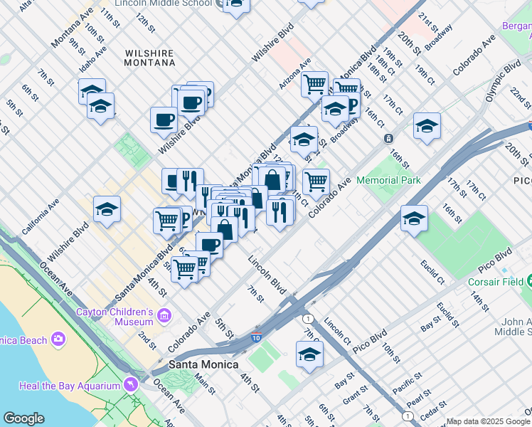 map of restaurants, bars, coffee shops, grocery stores, and more near 1453 10th Street in Santa Monica