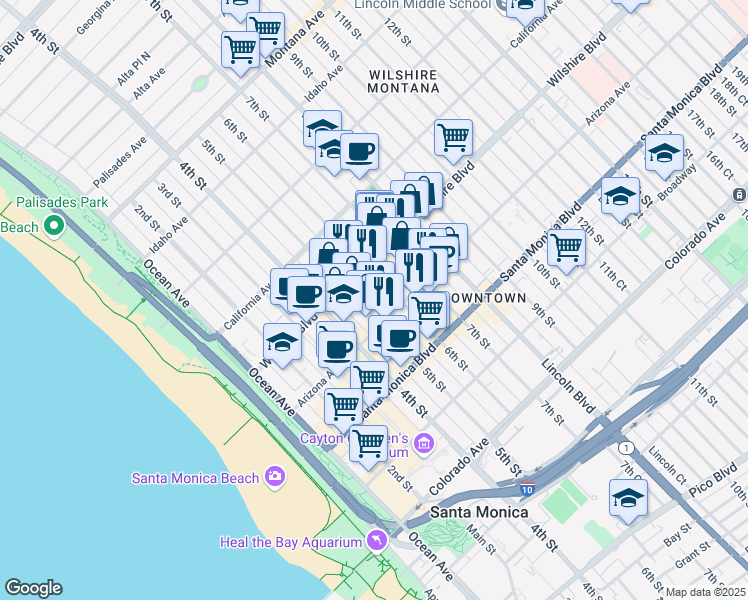 map of restaurants, bars, coffee shops, grocery stores, and more near 1233 6th Court in Santa Monica