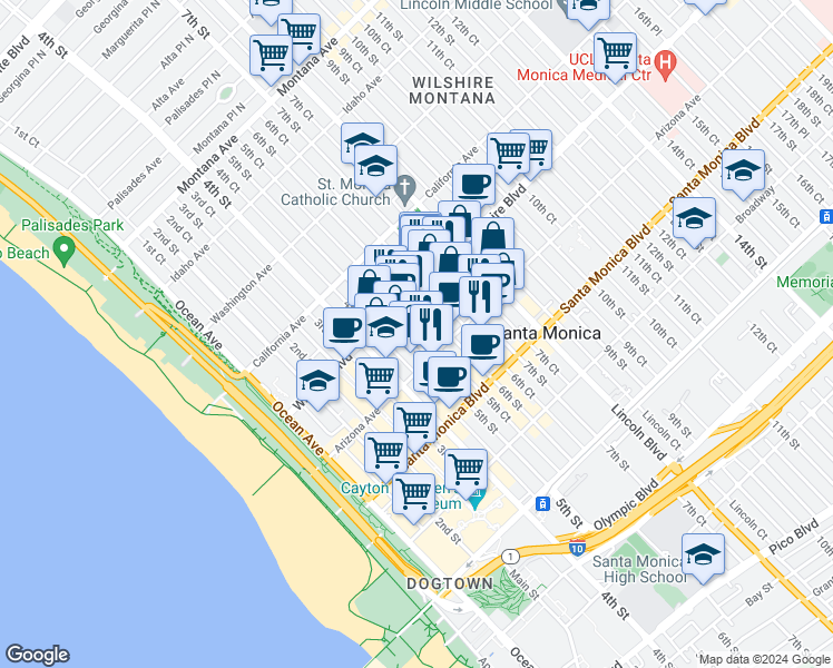 map of restaurants, bars, coffee shops, grocery stores, and more near 1233 6th Court in Santa Monica