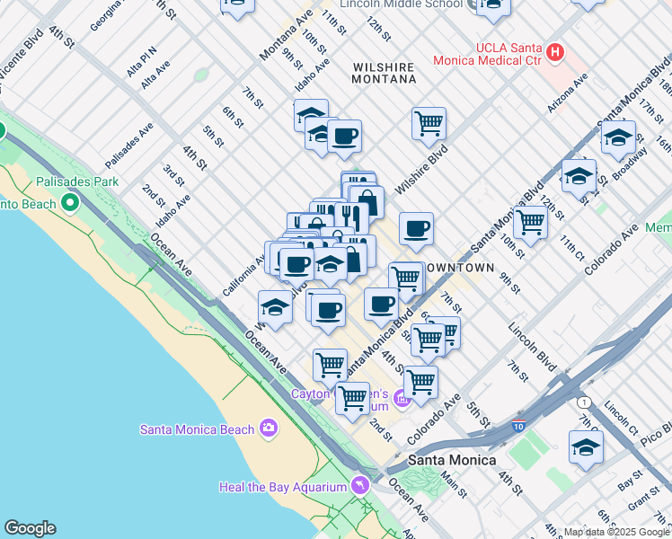 map of restaurants, bars, coffee shops, grocery stores, and more near in Santa Monica