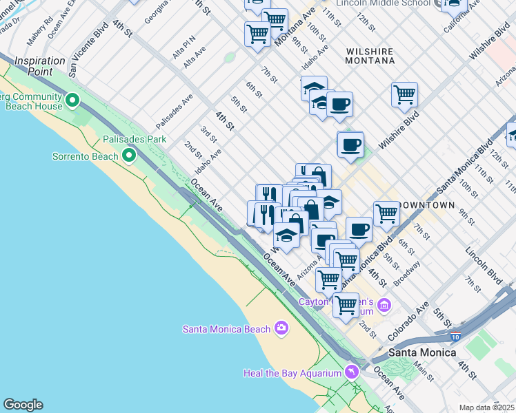 map of restaurants, bars, coffee shops, grocery stores, and more near 1044 3rd Street in Santa Monica
