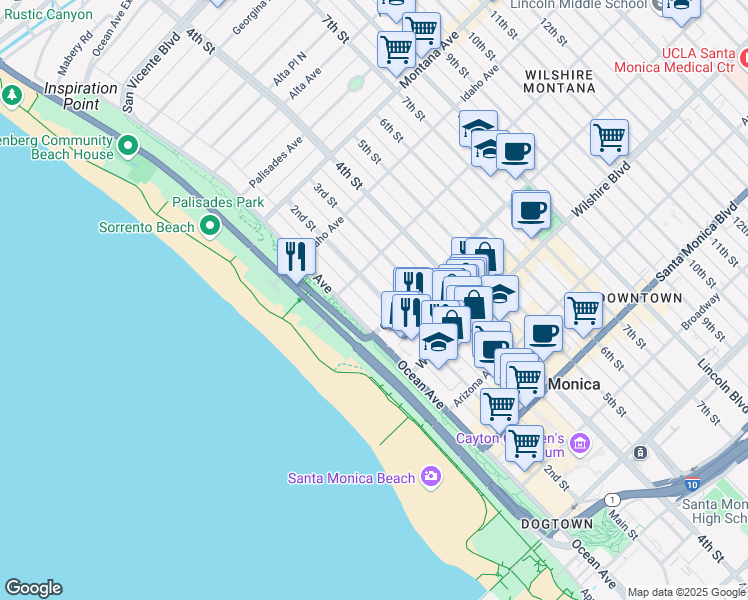 map of restaurants, bars, coffee shops, grocery stores, and more near 1017 2nd Street in Santa Monica