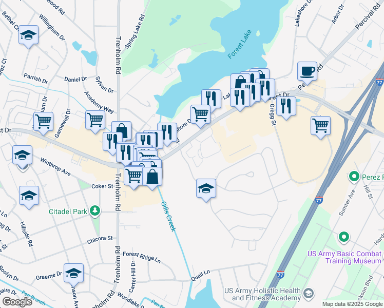 map of restaurants, bars, coffee shops, grocery stores, and more near 200 Autumn Circle in Columbia