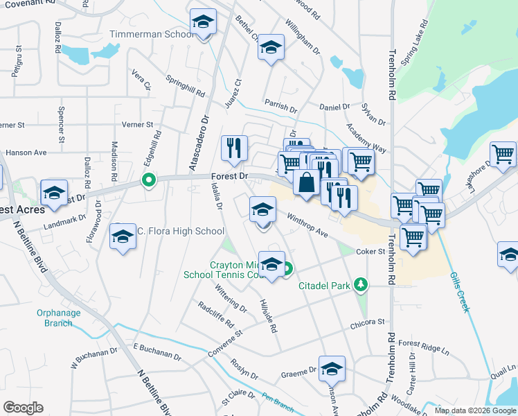map of restaurants, bars, coffee shops, grocery stores, and more near 4401 Winthrop Avenue in Columbia
