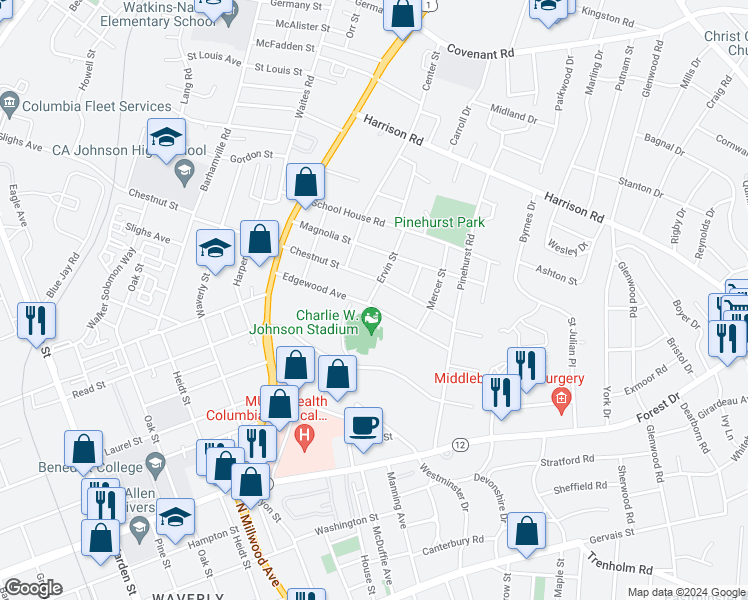 map of restaurants, bars, coffee shops, grocery stores, and more near 2716 Chestnut Street in Columbia