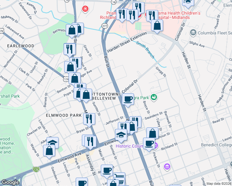 map of restaurants, bars, coffee shops, grocery stores, and more near 2414 Bull Street in Columbia