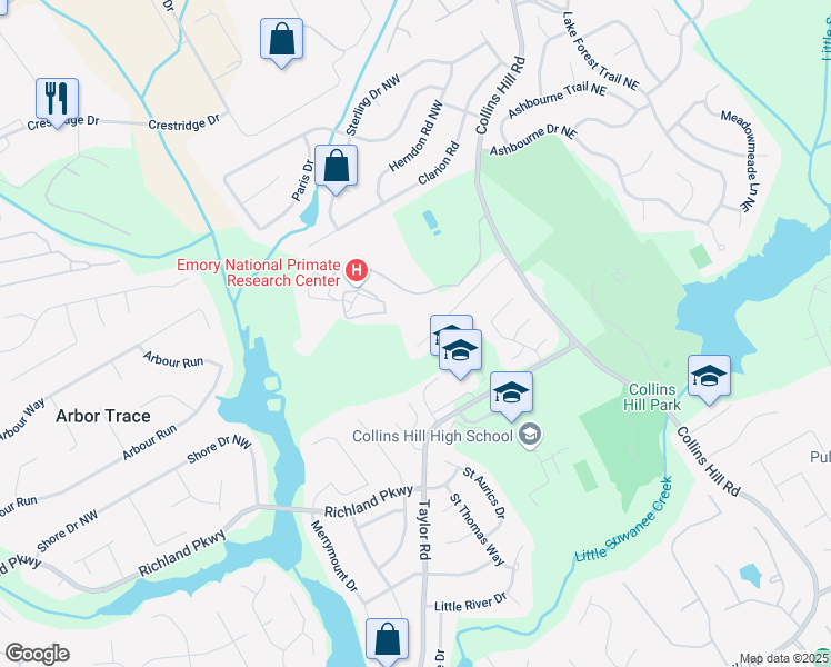map of restaurants, bars, coffee shops, grocery stores, and more near 235 Prestwyck Oak Place in Lawrenceville