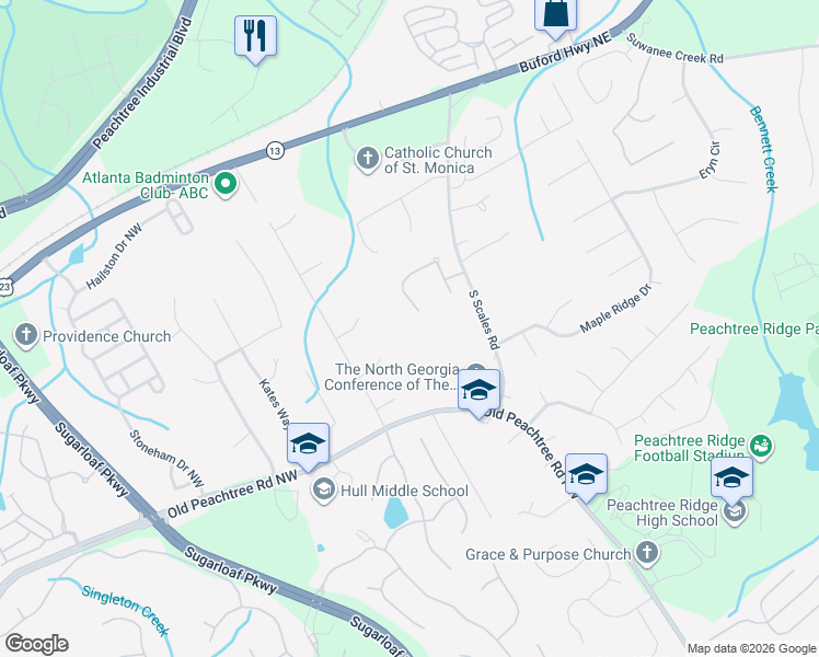 map of restaurants, bars, coffee shops, grocery stores, and more near 3555 Stately Oaks Lane Northwest in Duluth