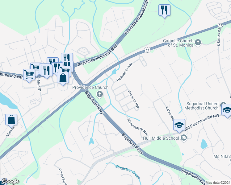 map of restaurants, bars, coffee shops, grocery stores, and more near 2120 Hailston Drive Northwest in Duluth