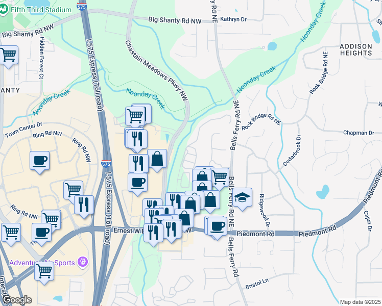 map of restaurants, bars, coffee shops, grocery stores, and more near 52 Lathhouse Lane in Marietta
