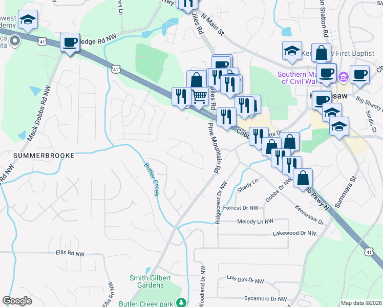 map of restaurants, bars, coffee shops, grocery stores, and more near 2649 Laurel Lane Northwest in Kennesaw
