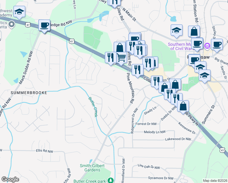 map of restaurants, bars, coffee shops, grocery stores, and more near 2733 General Schwarzkopf Court in Kennesaw