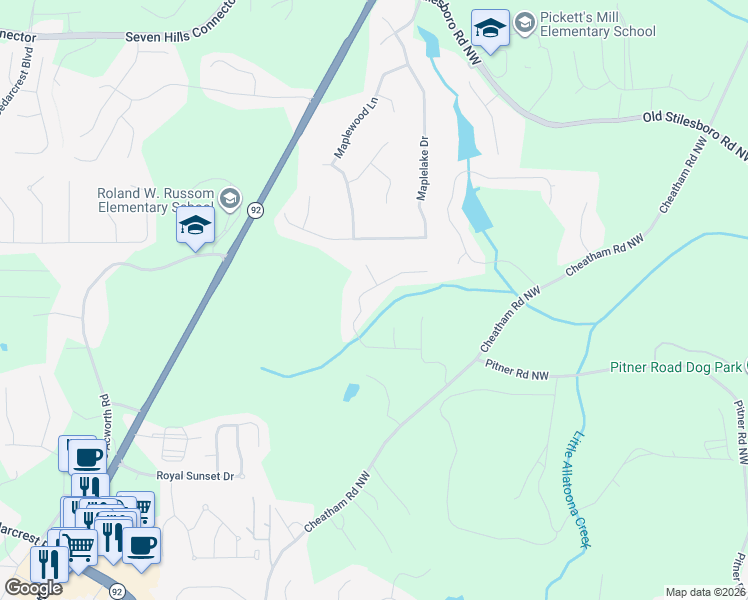 map of restaurants, bars, coffee shops, grocery stores, and more near 310 Highlander Way in Acworth