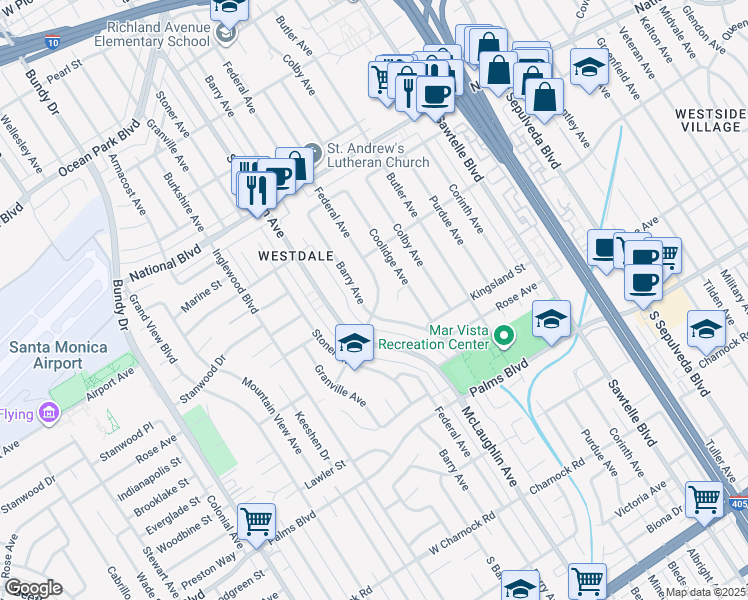 map of restaurants, bars, coffee shops, grocery stores, and more near 3241 Federal Avenue in Los Angeles