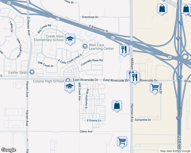 map of restaurants, bars, coffee shops, grocery stores, and more near 3950 American River Road in Ontario