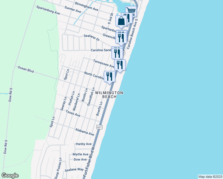 map of restaurants, bars, coffee shops, grocery stores, and more near 1304 South Lake Park Boulevard in Carolina Beach