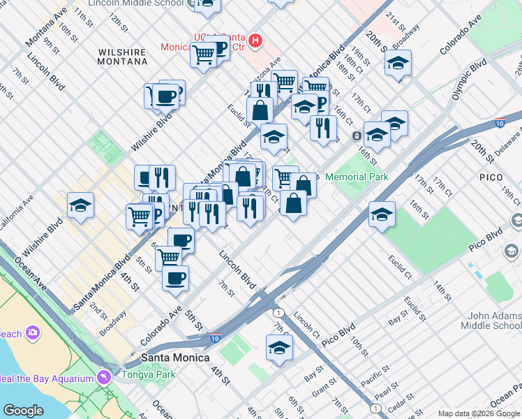 map of restaurants, bars, coffee shops, grocery stores, and more near 1521 11th Street in Santa Monica